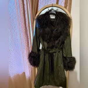 Charlotte Simone Penny Green Mongolian Trim Longline Coat